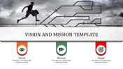 Vision and mission template with a silhouette of a person running on a maze path and three icons below.