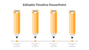Timeline design featuring four orange pencil icons with dates at the top, connected to a horizontal line.