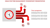 Time management presentation slide featuring a clock and arrows symbolizing direction, along with descriptive text.