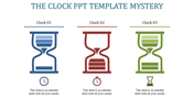 Colorful hourglass clock icons with captions and placeholder text in a PowerPoint template.