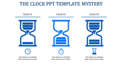PowerPoint template showing three blue clock icons, each representing different time related concepts with placeholder text.
