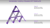 Geometric gray pyramid of layered ribbons connected to three caption areas boxes for three stages.