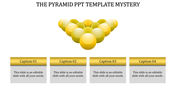PowerPoint slide with a pyramid of yellow spheres, accompanied by four caption fields for custom text.