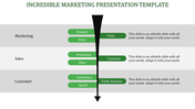 Marketing slide with gray background, featuring green elements, and text based structure with a black downward arrow.