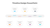 Timeline design with seven multicolored year labels, each paired with a circular bubble and placeholder text.