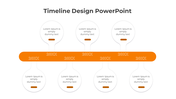 Orange timeline design PowerPoint template with placeholders for years and text under each point on a white backdrop.