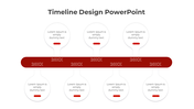Red themed timeline with seven circular bubble markers for each year, filled with text placeholders.