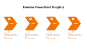 Horizontal timeline with four orange chevron shaped arrows labeled 20XX, each connected to descriptive text below.