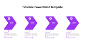 A minimalistic timeline PPT slide with four stages, labeled from 01 to 04 with purple arrows and placeholder text below.