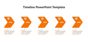 A timeline PowerPoint template with five orange arrow stages and placeholder text.