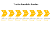 A timeline PowerPoint template with seven yellow arrows, each representing a different year and space for descriptions.