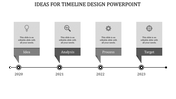 Sequential timeline with  four gray highlighted steps, each marked with a year and icon for various business stages.