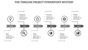Timeline with purple arrows and circular icons for stages: Idea, Analysis, Time, Process, Target linked to corresponding years.