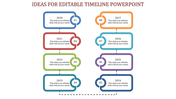 A timeline PPT slide with milestones from 2020 to 2027, each represented by a colored rectangular box and numbers.