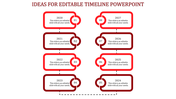 Red themed timeline with eight rounded rectangular boxes, featuring numbered circles and a dashed connecting line.