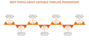 Timeline template with orange shapes marking years 2020 to 2026 and each containing descriptions.