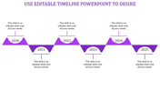 Timeline slide featuring a wave like purple path with alternating six milestone markers and text areas.