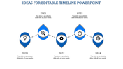 Blue and white timeline design with teardrop shaped points, linked by a dashed black line, showing five key steps.