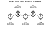 Timeline slide with years 2020 to 2024, featuring icons such as a lightbulb, magnifying glass, gear, stopwatch, and target.