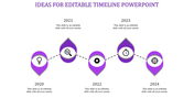Timeline slide with years 2020 to 2024, featuring purple icons from lightbulb to target with placeholder text.
