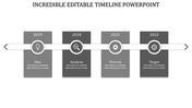 Timeline infographic with a gray gradient theme, featuring four milestone labels, and white circular icons.
