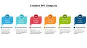 Timeline slide featuring six colorful labels in blue, teal, red, orange, green, and navy, connected by a gray progress bar.