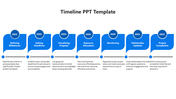 Linear timeline template with seven connected blue blocks, each representing a phase like resource allocation and monitoring.