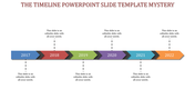 Timeline PowerPoint template with color coded arrows from 2017 to 2022, connected by dotted lines with placeholder text.