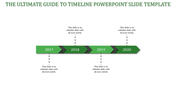 Horizontal timeline with four green arrow-shaped segments labeled 2017 to 2020, connected by black dividers.
