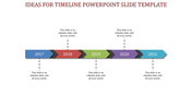 Horizontal arrow-shaped timeline with five colored segments spanning 2017-2021 and vertical connectors to content areas.