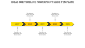 Timeline slide showing years 2017 to 2021 with yellow arrows and placeholder text areas in a white background.
