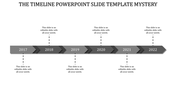 Horizontal gray arrow timeline with chevron-style year divisions spanning 2017-2022 and six text placeholder areas.