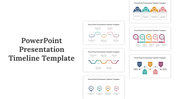 Collage of six colorful PowerPoint timeline slides with various layouts including arrows, curves, and milestones.