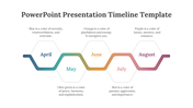 Zigzag timeline featuring five hexagons labeled with months, connected by a gradient line transitioning from blue to purple.