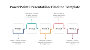 Timeline design featuring square boxes with curved arrow connectors in blue, teal, yellow, red, and purple.