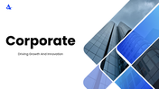 Corporate PPT blue-white slides, building image, geometric grid shapes, icons, and clean structured text boxes layout.