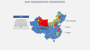 Slide with a China map in blue and green, with highlighted regions, and a red flag, illustrating economic discussion points.
