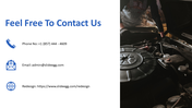 Contact slide with blue icons for phone, email, and website, alongside a mechanic working on a car engine in the background.