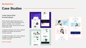 Web design case study slide with mockup thumbnails grouped by color on the right, and paragraph text and headline.