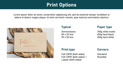 Slide featuring a business card on a rustic surface, with neatly organized print options and specifications in teal font.