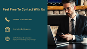 Contact us PPT slide featuring a phone number, email, and a professional working man with a laptop and icons.