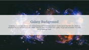 Dark galaxy design with glowing celestial cloud and stars behind a faded central panel containing a headline and sample text.