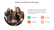 Presentation slide with a group of people discussing, accompanied by icons representing key points in an executive summary.