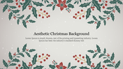 Christmas background with holly leaves, berries, and red poinsettias framing the top and bottom, with snow and centered text.