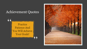 Achievement quote with an orange text box and a scenic autumn landscape image in a dark background.
