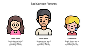 Three sad cartoon characters, including a girl, a man, and a boy with tears, on a white background.