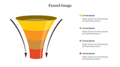 A funnel PPT template with four sections, colored yellow, orange, brown, and red with placeholder text on a white backdrop.