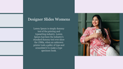 A designer slide features a smiling woman holding a cup, wearing a red checkered dress, and sitting in a cozy setting.