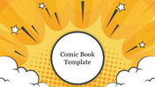 Comic-style template featuring a circular text box with yellow bursts and star elements around it.