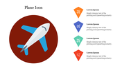 Plane icon on red circular background at left, with four aligned colored arrow markers and placeholder captions on right.